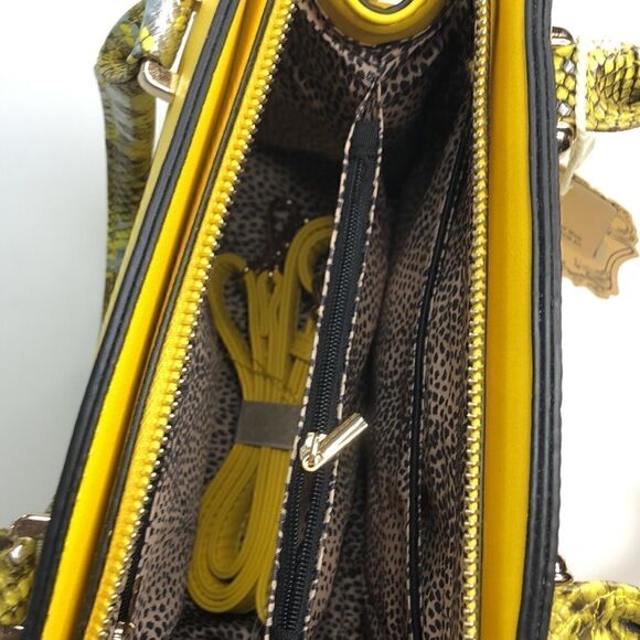 ALYSSA Vegan Leather Yellow Satchel Crossbody Bag Purse w Snakeskin Print NWT - Picture 4 of 9